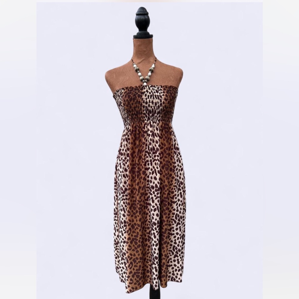 Vintage Y2K Cheetah Print Beaded Halter Midi Dress w Ruched Top by MT Collection